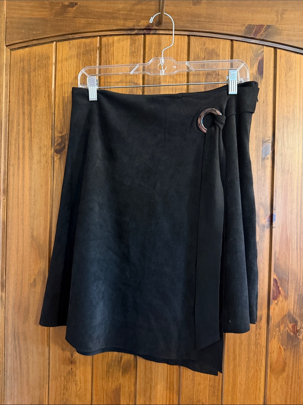 She + Sky Black A-Line Wrap Skirt with Ring Detail Faux Suede